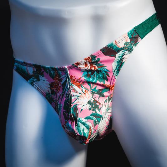 Men's jungle surge thong underwear, classic cut, angled front view.