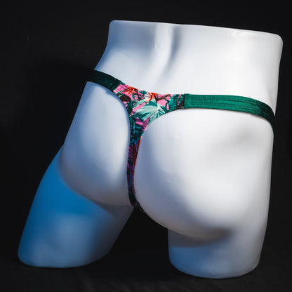 Men's jungle surge thong underwear, classic cut, full angled rear view.