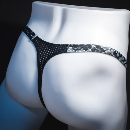 Men's lace and mesh thong underwear, classic cut, Rear angled view