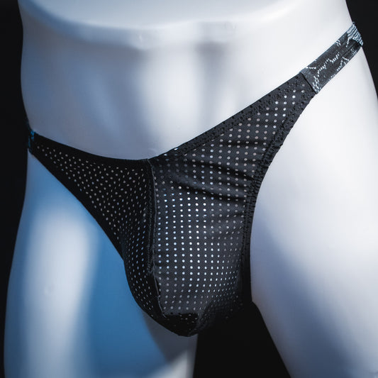 Men's lace and mesh thong underwear, classic cut, Front angled View