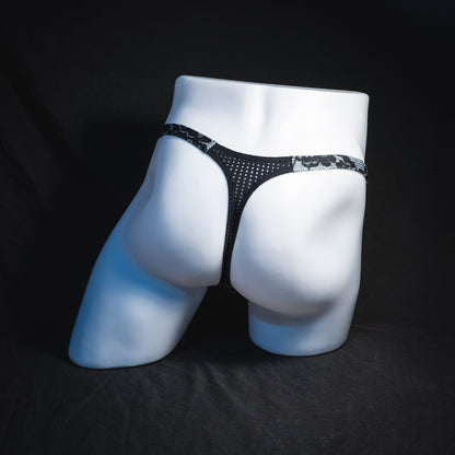 Men's lace and mesh thong underwear, classic cut, Full rear view