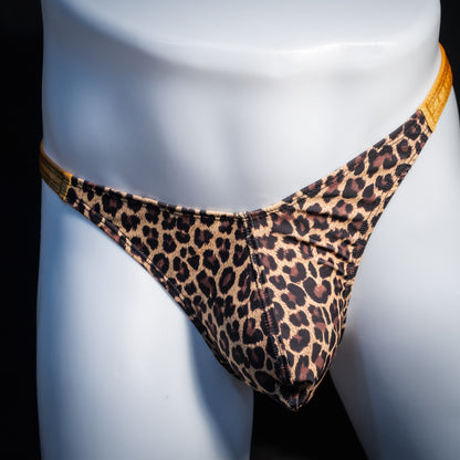 Men's leopard print thong underwear, classic cut, front view.