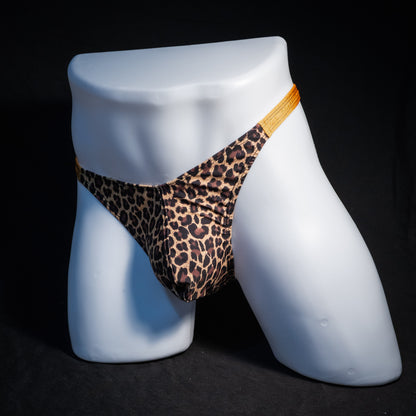 Men's leopard print thong underwear, classic cut, front view.