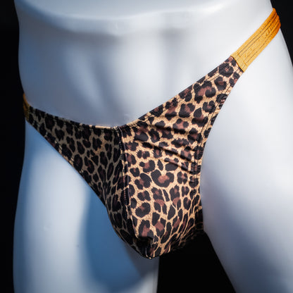 Men's leopard print thong underwear, classic cut, front view.