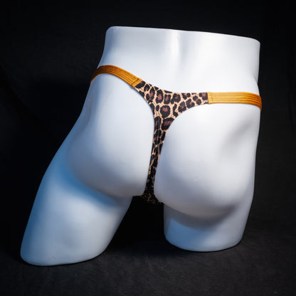 Men's leopard print thong underwear, classic cut, rear view.