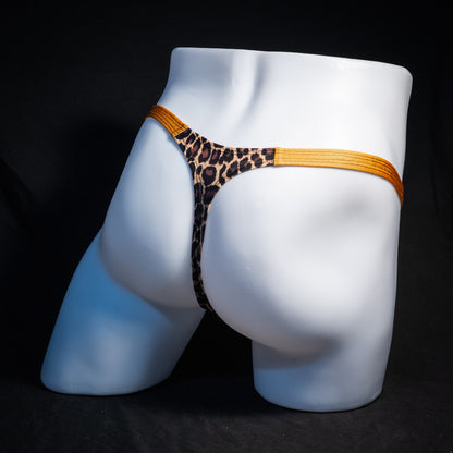 Men's leopard print thong underwear, classic cut, rear view.