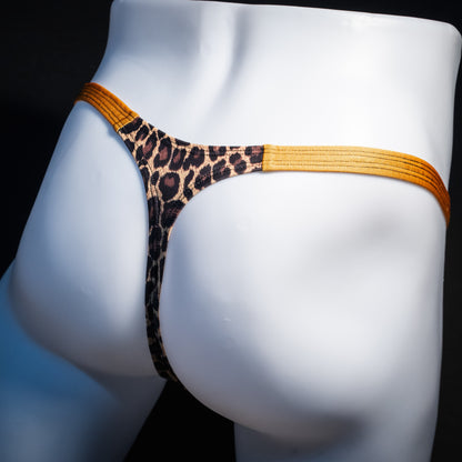 Men's leopard print thong underwear, classic cut, rear view.