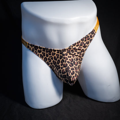 Men's leopard print thong underwear, classic cut, front view.