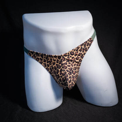 Men's leopard print thong underwear, classic cut, front view.