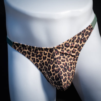 Men's leopard print thong underwear, classic cut, front view.