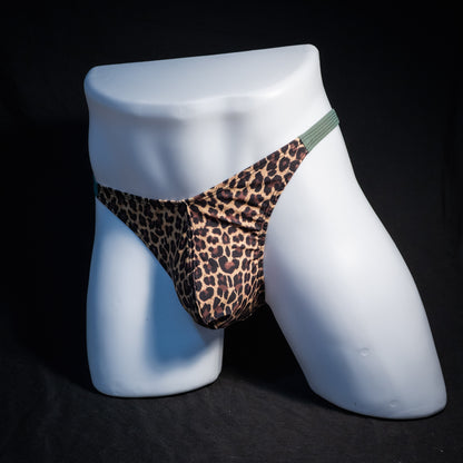 Men's leopard print thong underwear, classic cut, front view.
