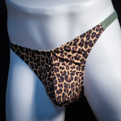 Men's leopard print thong underwear, classic cut, front view.