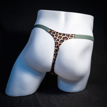 Men's leopard print thong underwear, classic cut, rear view.