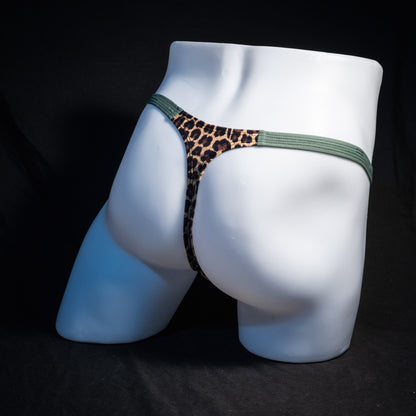 Men's leopard print thong underwear, classic cut, rear view.