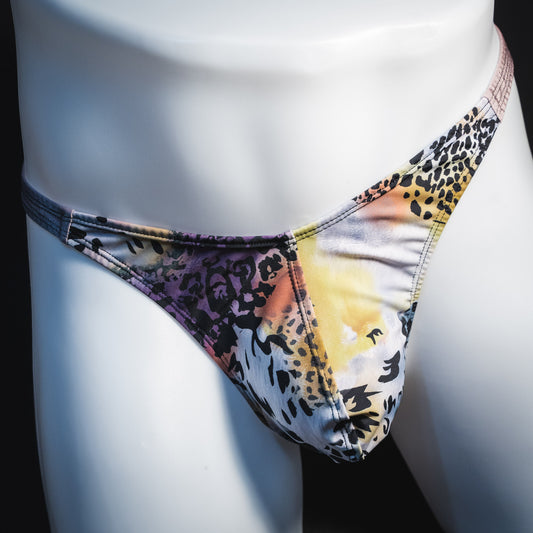 Men's wild cat thong underwear, classic cut, front view.