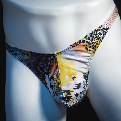 Men's wild cat thong underwear, classic cut, angled front view.