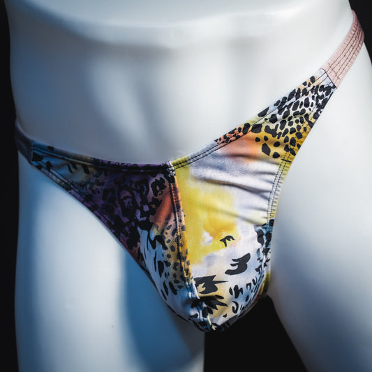 Men's wild cat thong underwear, classic cut, angled front view.