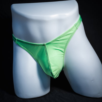 Men's lime green thong underwear, classic cut, front view.