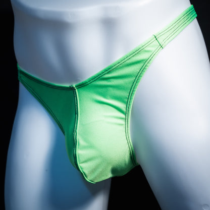 Men's lime green thong underwear, classic cut, front view.