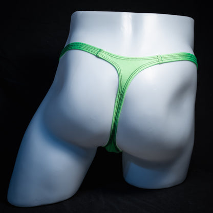 Men's lime green thong underwear, classic cut, rear view.