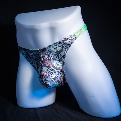Men's little monsters Halloween themed thong underwear, classic cut, front view.