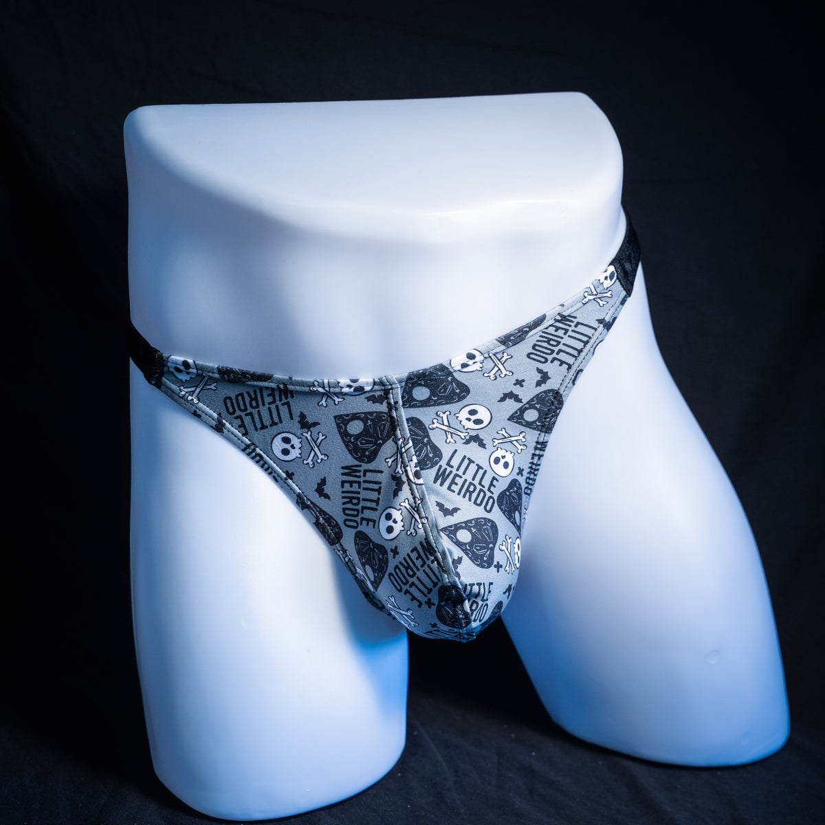 Men's Halloween themed thong underwear, classic cut, front view.