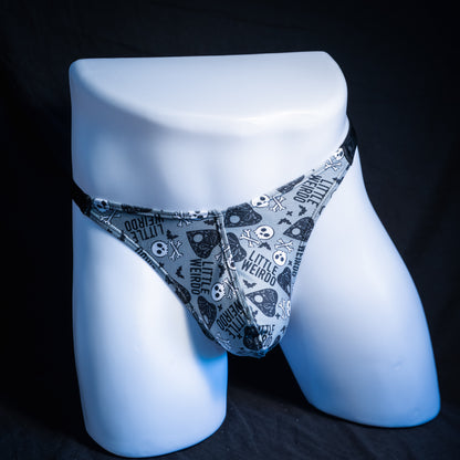 Men's Halloween themed thong underwear, classic cut, front view.