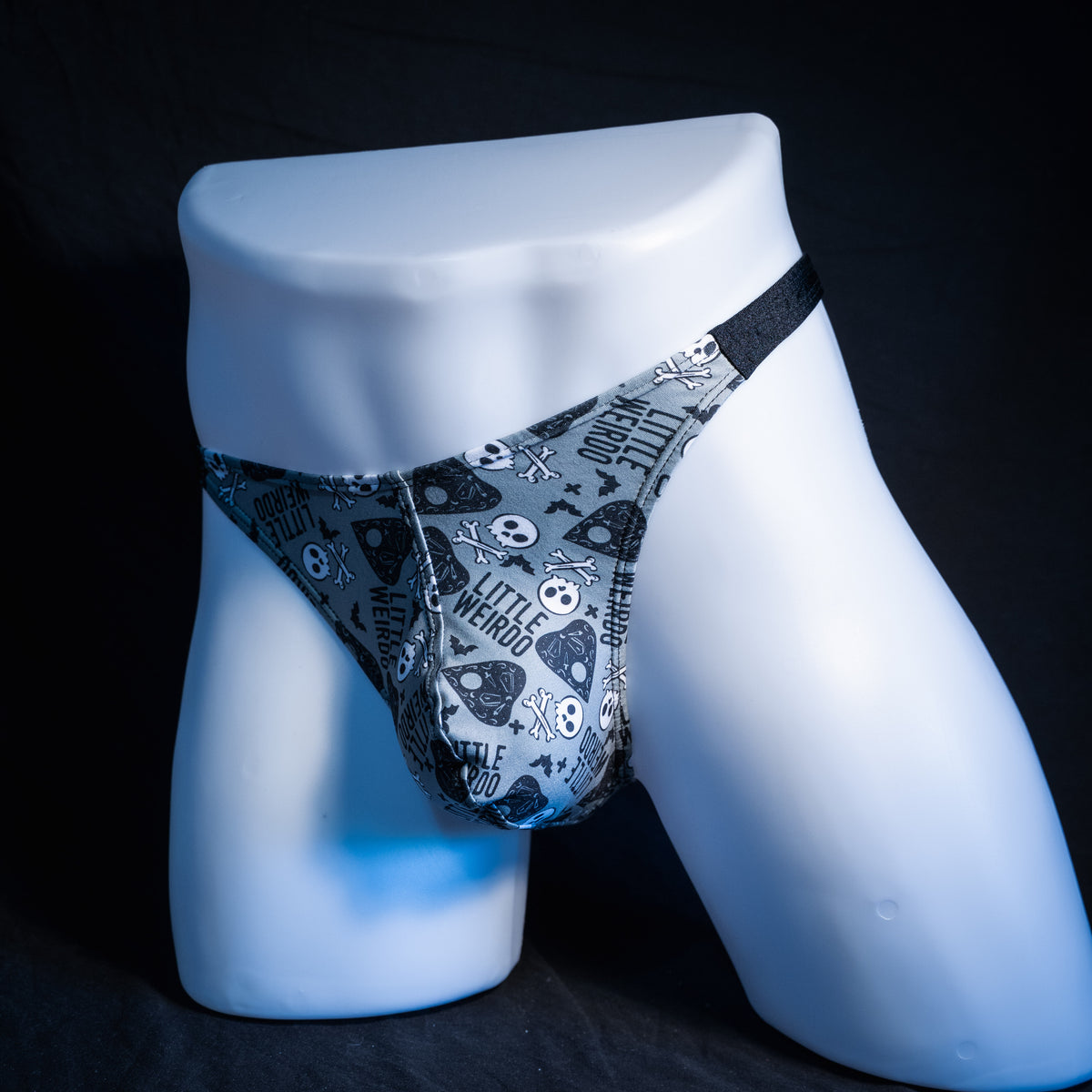 Men's Halloween themed thong underwear, classic cut, front view.