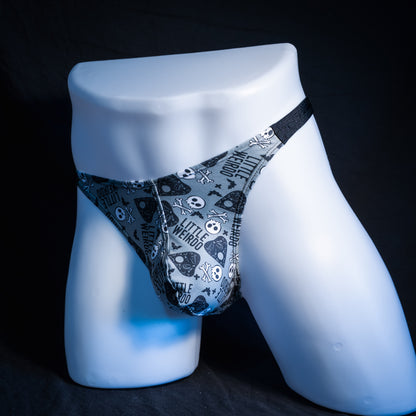 Men's Halloween themed thong underwear, classic cut, front view.
