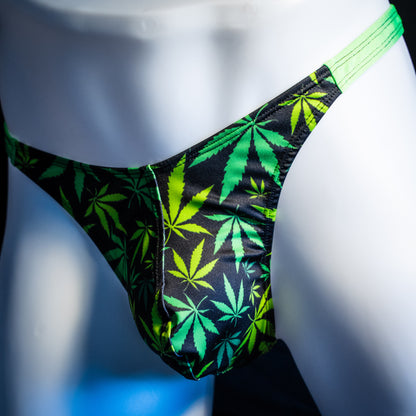 Men's marijuanna print thong underwear, classic cut, front view.