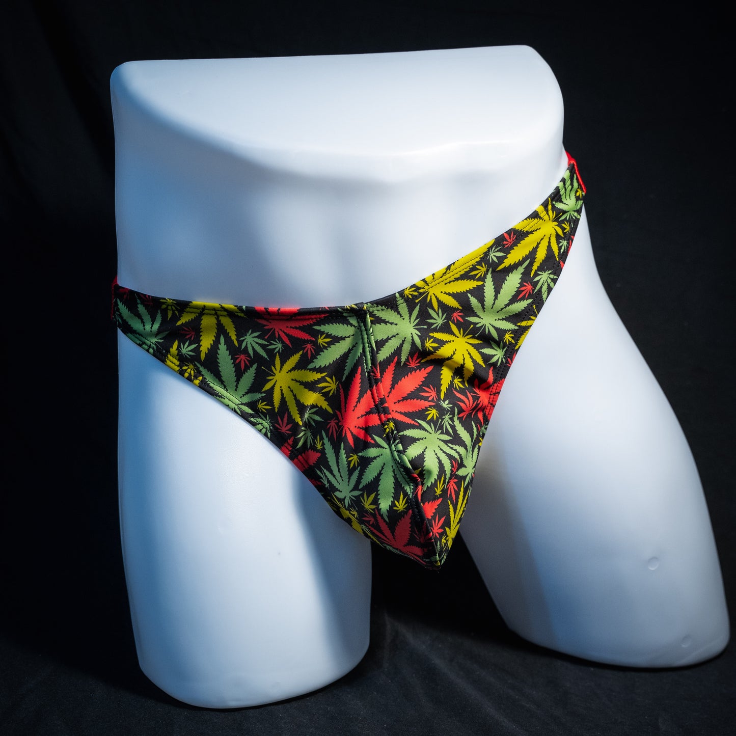 Men's marijuana print thong underwear, full thong front, front view.