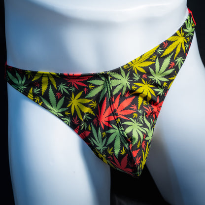 Men's marijuana print thong underwear, full thong front, front view.