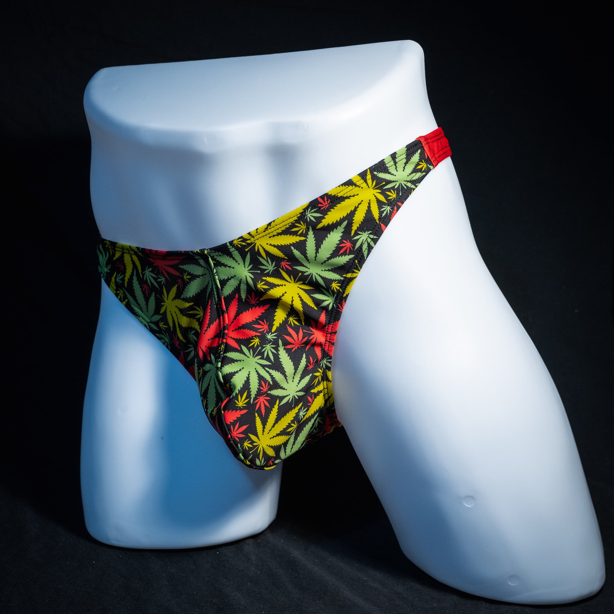 Men's marijuana print thong underwear, full thong front, front view.