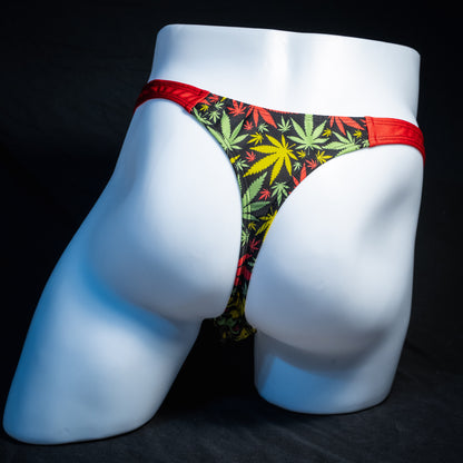 Men's marijuana print thong underwear, full thong front, rear view.
