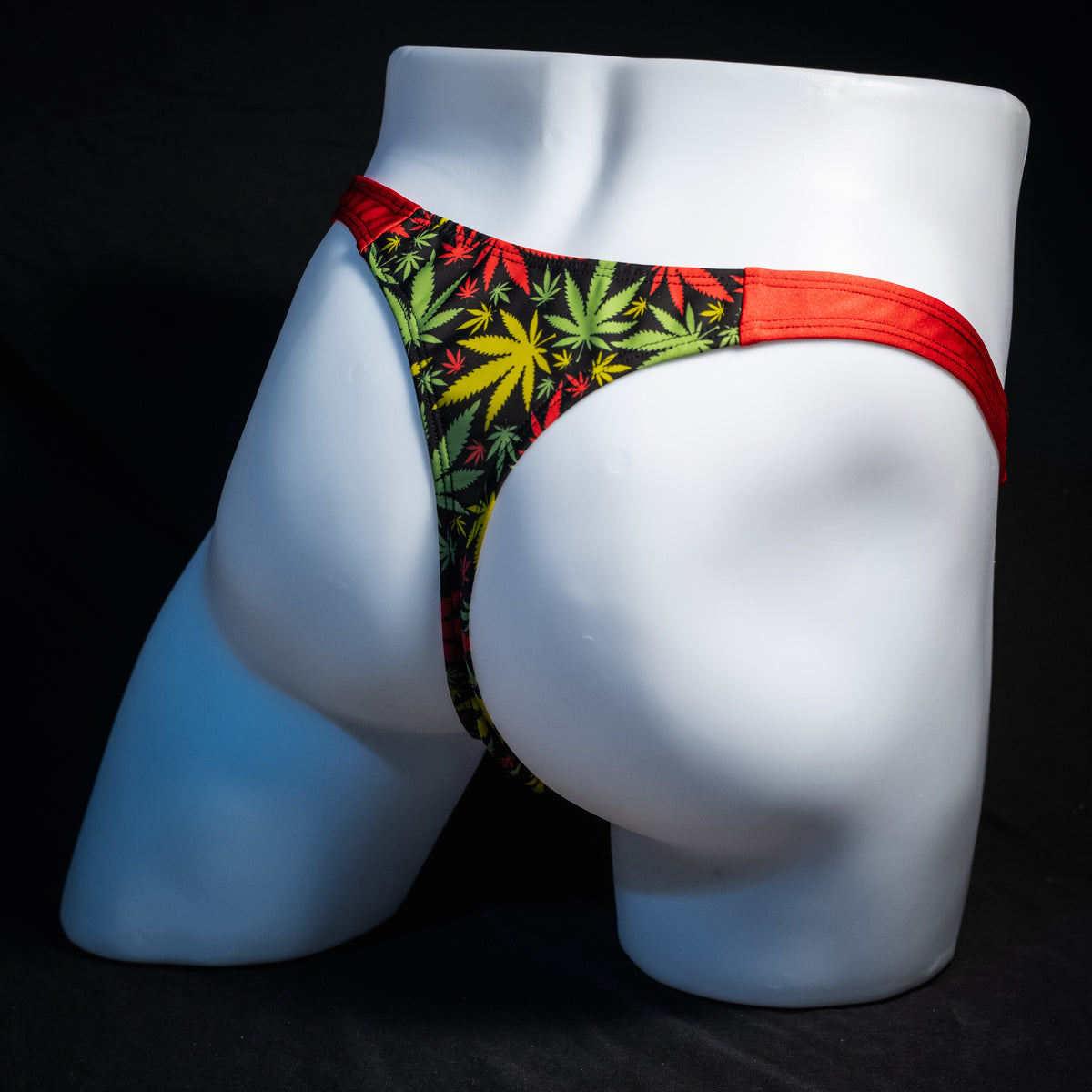 Men's marijuana print thong underwear, full thong front, rear view.