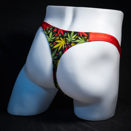 Men's marijuana print thong underwear, full thong front, rear view.
