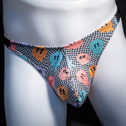 Men's melting faces thong underwear, classic cut, front view.