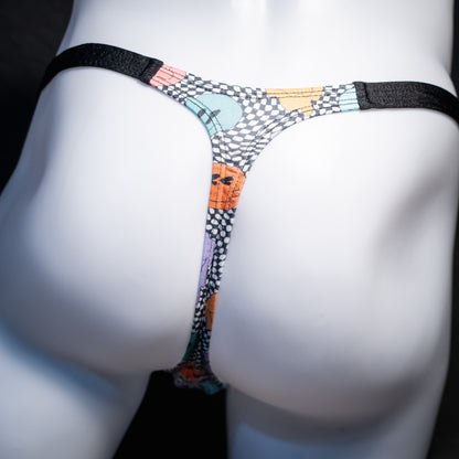 Men's melting faces thong underwear, classic cut, rear view.