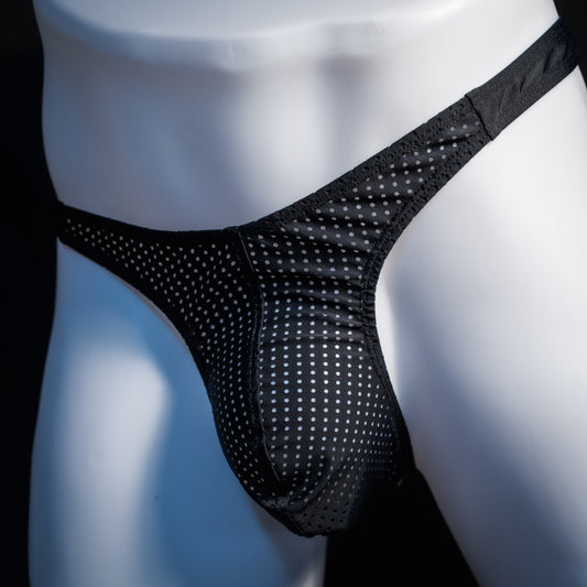 Men's mesh and cheetah print thong underwear, slim cut, front view.