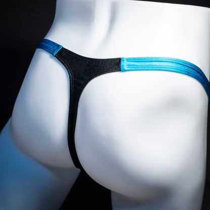 Men's black mesh and teal thong underwear, classic cut, rear view.