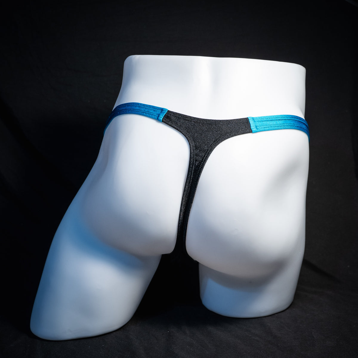 Men's black mesh and teal thong underwear, classic cut, rear view.
