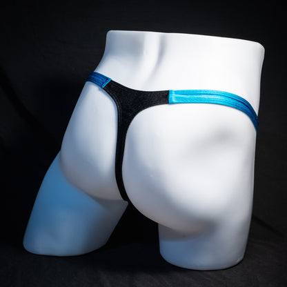 Men's black mesh and teal thong underwear, classic cut, rear view.