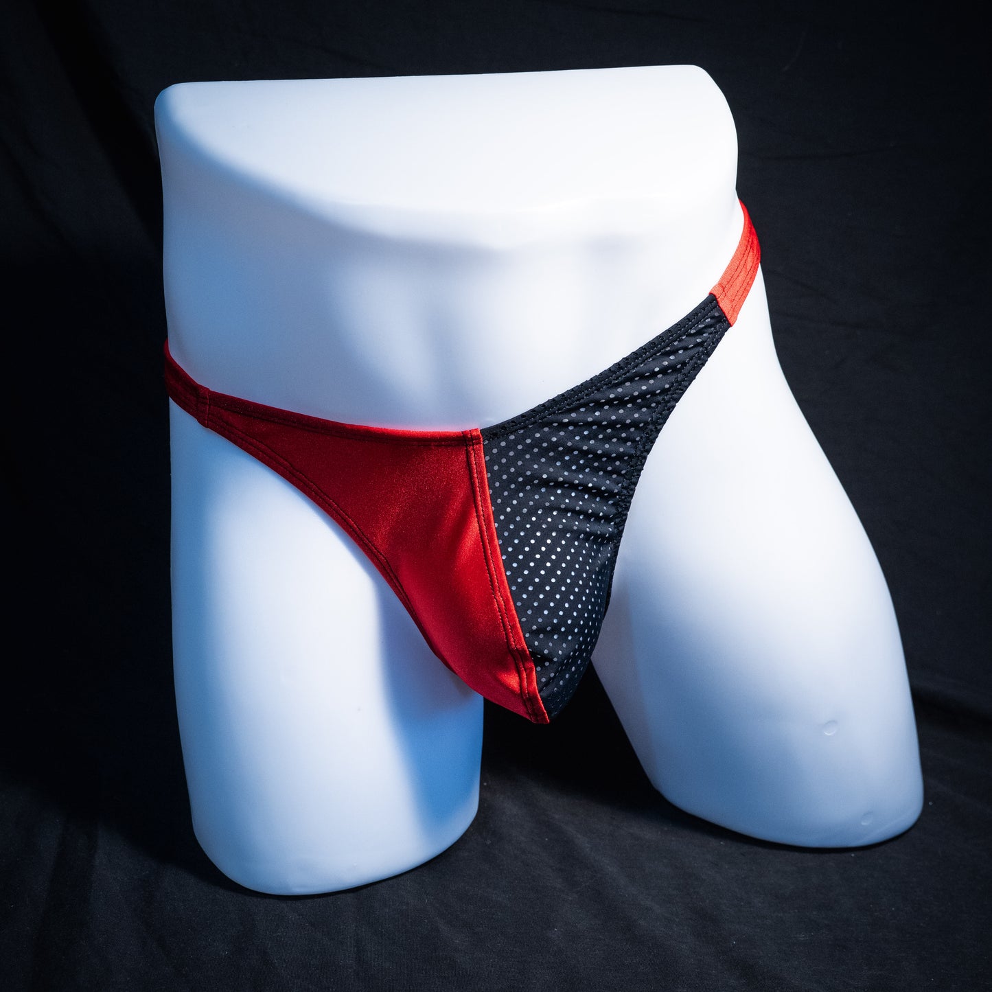 Men's red with black mesh thong underwear, classic cut, full front view