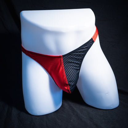 Men's red with black mesh thong underwear, classic cut, full front view