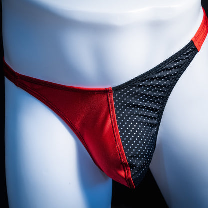 Men's red with black mesh thong underwear, classic cut, Front view