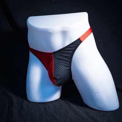 Men's red with black mesh thong underwear, classic cut, Full front angled view