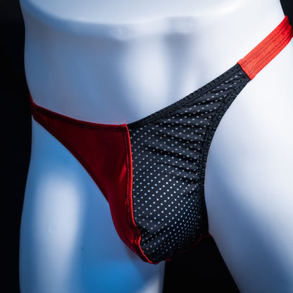 Men's red with black mesh thong underwear, classic cut, Front angled view