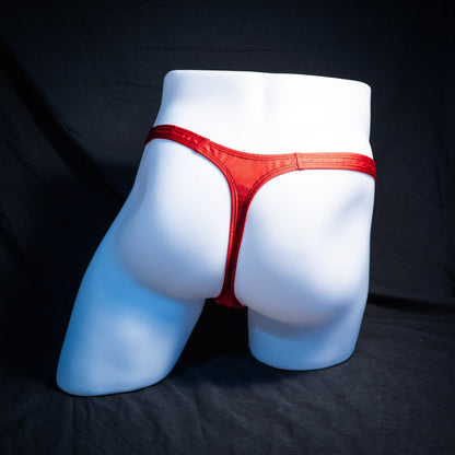 Men's red with black mesh thong underwear, classic cut, Full rear view