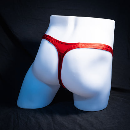 Men's red with black mesh thong underwear, classic cut, Full angled rear view