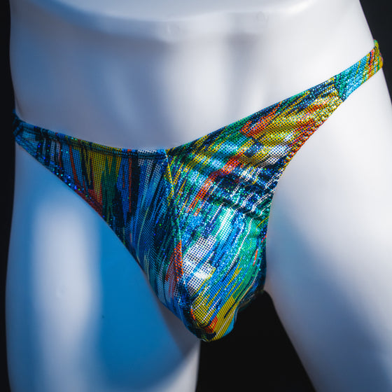 Men's metallic sparkle thong underwear, classic cut, angled front view.